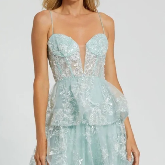 NWT Mac Duggal Aqua Tiered Lace ballgown prom Dress size 4 - Picture 4 of 5